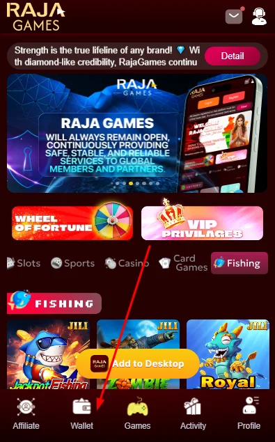 Click on the wallet section